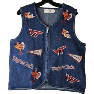 Collegiate Collection Womens Denim Vest Blue L Virgina Tech Football Hokies Bird